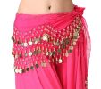 Chiffon Rose Pink Belly Dance Scarf With Dangling Gold Coin Belt Skirt 158 Coins