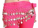 Chiffon Rose Pink Belly Dance Scarf With Dangling Gold Coins Belt Skirt