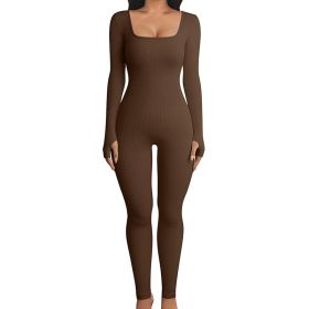 Seamless Jumpsuit Long Sleeve Shapewear Hip Lift Yoga Jumpsuit Sports Jumpsuit Bodysuits (Option: Coffie-L)