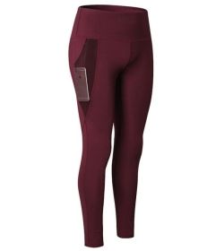 High Waist Out Pocket Yoga Pants Tummy Control Workout Running Yoga Leggings (Color: Dark Red, size: S)