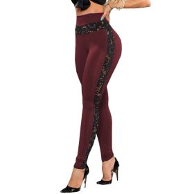 Lace Panel Side Leggings Yoga Pants (Color: Red, size: M)