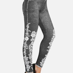 Plus Size Floral Print High Rise Leggings; Women's Plus Casual High Stretch Skinny Pants (Color: Space Gray, size: 2XL(16))