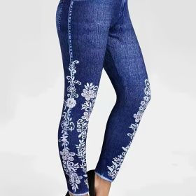 Plus Size Floral Print High Rise Leggings; Women's Plus Casual High Stretch Skinny Pants (Color: Blue, size: 1XL(14))