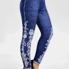 Plus Size Floral Print High Rise Leggings; Women's Plus Casual High Stretch Skinny Pants