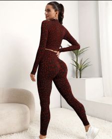 European and American new seamless leopard print fitness sports long-sleeved high-waisted honey belly tight trousers yoga suit women (Color: Wood red, size: M)