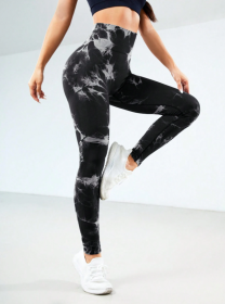 2024  New high-quality high-elastic tie-dye sports fitness trousers women's jacquard yoga trousers high-waisted peach buttocks trousers seamless outer (Color: Black and white, size: XL)