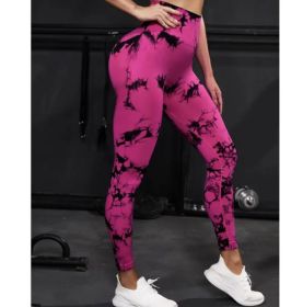 2024  New high-quality high-elastic tie-dye sports fitness trousers women's jacquard yoga trousers high-waisted peach buttocks trousers seamless outer (Color: Rose red and black, size: XL)