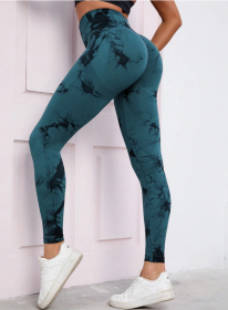 2024  New high-quality high-elastic tie-dye sports fitness trousers women's jacquard yoga trousers high-waisted peach buttocks trousers seamless outer (Color: Dark green, size: L)