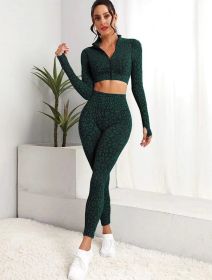 European and American new seamless leopard print fitness sports long-sleeved high-waisted honey belly tight trousers yoga suit women (Color: Dark green, size: L)