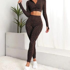 European and American new seamless leopard print fitness sports long-sleeved high-waisted honey belly tight trousers yoga suit women (Color: brown, size: S)