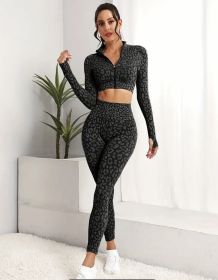 European and American new seamless leopard print fitness sports long-sleeved high-waisted honey belly tight trousers yoga suit women (Color: Black and gray, size: S)