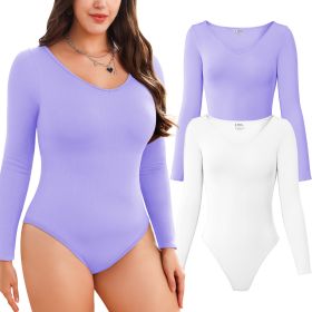 2-piece set Bikini shapewear long sleeved V-neck (Color: White+LightPurple, size: L)