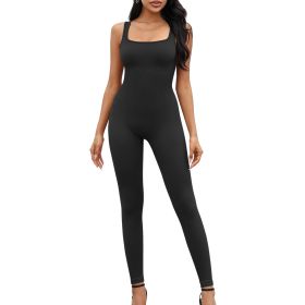 Square neckline suspender long pants jumpsuit 1 set (Color: Black, size: S)