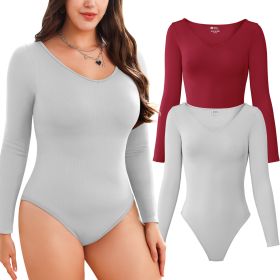 2-piece set Bikini shapewear long sleeved V-neck (Color: LightGrey+WineRed, size: S)