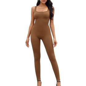 Square neckline suspender long pants jumpsuit 1 set (Color: Coffee, size: M)