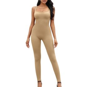 Square neckline suspender long pants jumpsuit 1 set (Color: Light Coffee, size: M)