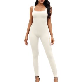 Square neckline suspender long pants jumpsuit 1 set (Color: Beige, size: S)