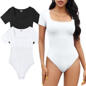 2-piece set Short sleeved bikini shapewear (Color: Black+White, size: M)