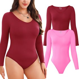 2-piece set Bikini shapewear long sleeved V-neck (Color: WineRed+Pink, size: S)