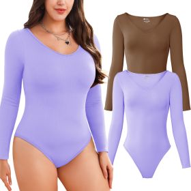 2-piece set Bikini shapewear long sleeved V-neck (Color: Coffee+LightPurple, size: M)