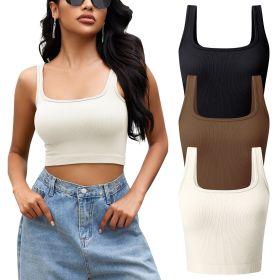 3 piece set of navel revealing vests (Color: Black+Coffee+Beige, size: L)