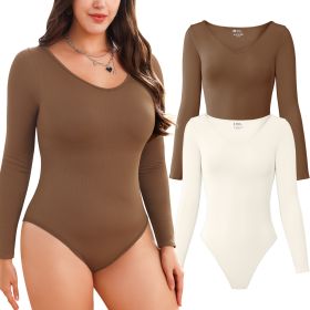 2-piece set Bikini shapewear long sleeved V-neck (Color: Coffee+Beige, size: L)