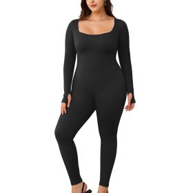 Square necked long sleeved pants jumpsuit 1 set (Color: Black, size: L)