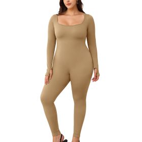 Square necked long sleeved pants jumpsuit 1 set (Color: LightCoffee, size: L)