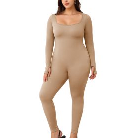 Square necked long sleeved pants jumpsuit 1 set (Color: KhakiBeige, size: M)