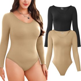 2-piece set Bikini shapewear long sleeved V-neck (Color: Black+LightCoffee, size: L)